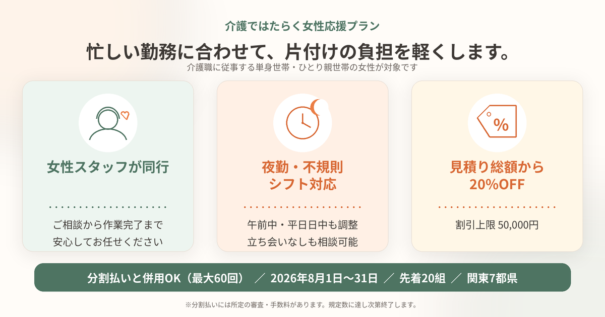 介護ではたらく女性応援プランの特徴：女性スタッフが同行、夜勤・不規則シフト対応、見積り総額から20%OFF（上限50,000円）